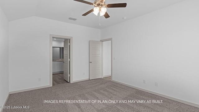 7816 93rd St, Lubbock, TX 79424 - unfurnished bedroom featuring carpet floors, vaulted ceiling, ensuite bath, and a ceiling fan