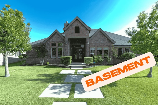 view of front facade featuring french doors, a chimney, a front yard, and brick siding