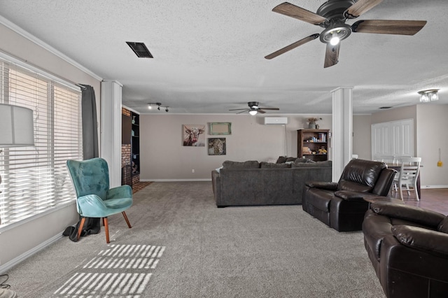 living room featuring a wealth of natural light, light colored carpet, a wall unit AC, and a textured ceiling