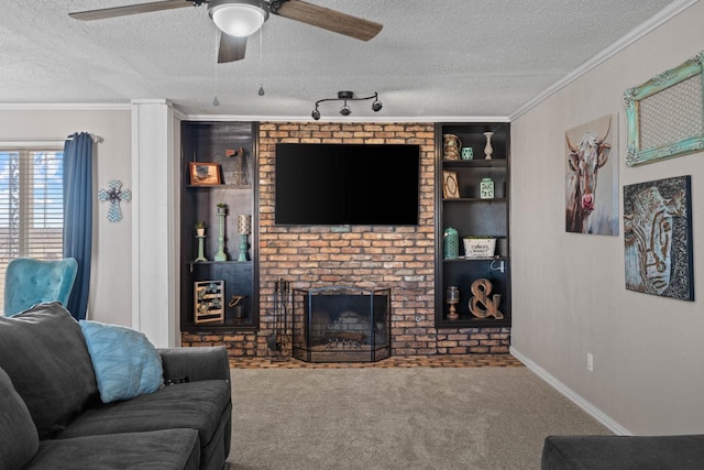 living room with ornamental molding, a brick fireplace, carpet, and a textured ceiling