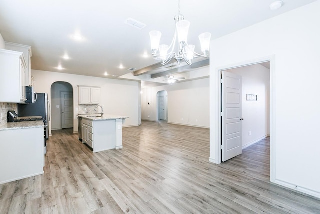 kitchen featuring pendant lighting, white cabinetry, sink, backsplash, and a center island with sink