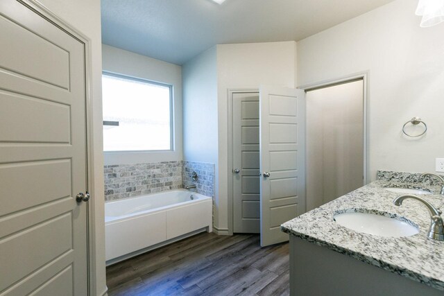 bathroom with vanity, a bathing tub, and wood-type flooring