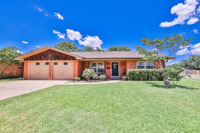 single story home with a garage and a front yard