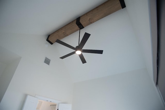 details with beamed ceiling and ceiling fan