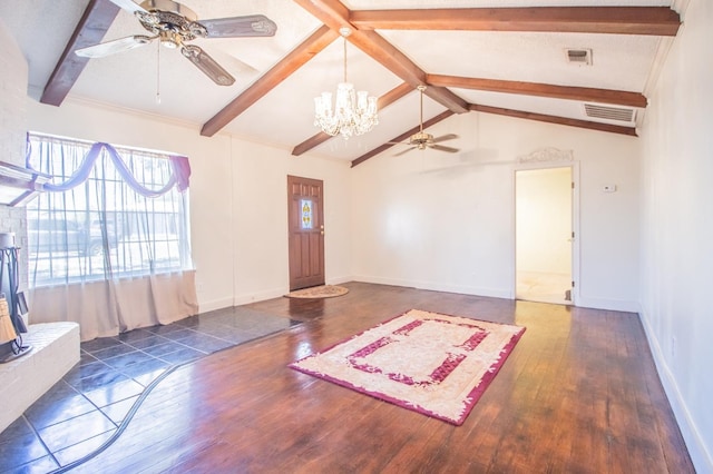 interior space with visible vents, vaulted ceiling with beams, baseboards, and wood-type flooring