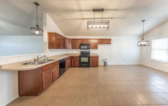 kitchen featuring pendant lighting, sink, black appliances, light tile patterned flooring, and vaulted ceiling