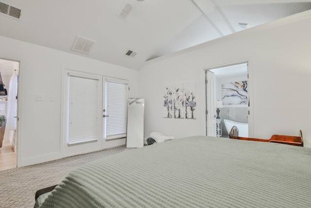 carpeted bedroom with lofted ceiling with beams