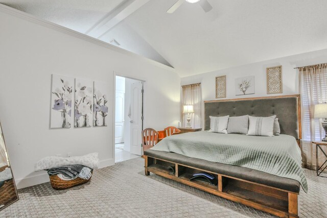 bedroom featuring ceiling fan, high vaulted ceiling, beam ceiling, and carpet floors