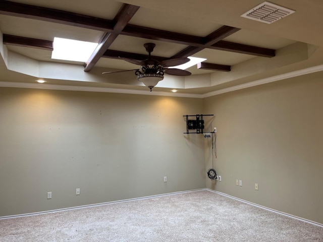 carpeted empty room featuring coffered ceiling, beam ceiling, and ceiling fan