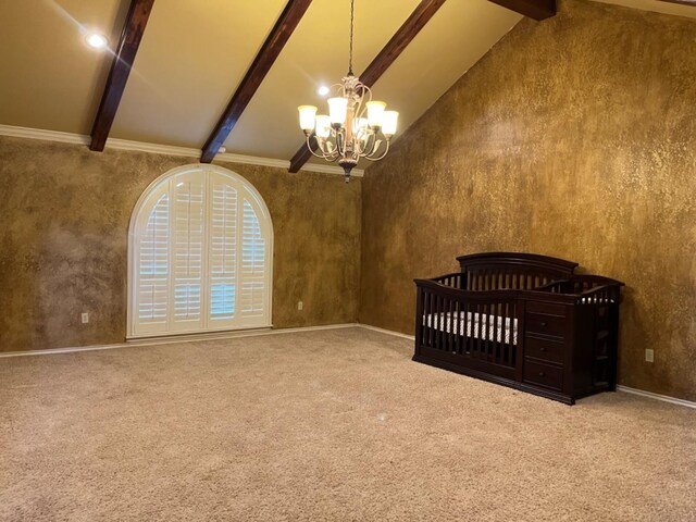 carpeted bedroom featuring beamed ceiling, high vaulted ceiling, a crib, and a chandelier