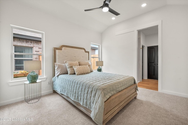 808 E 19th St, Wolfforth, TX 79382 - carpeted bedroom with vaulted ceiling, recessed lighting, baseboards, and ceiling fan