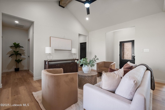 808 E 19th St, Wolfforth, TX 79382 - living room with light wood finished floors, beam ceiling, high vaulted ceiling, a ceiling fan, and recessed lighting