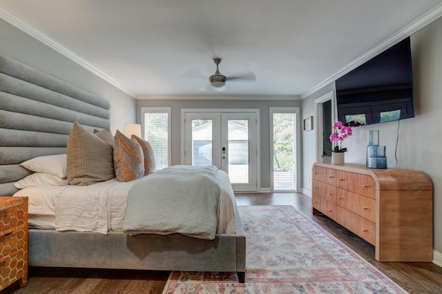 bedroom with multiple windows, crown molding, access to exterior, and ceiling fan