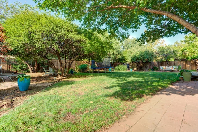 view of yard featuring a trampoline and a patio area