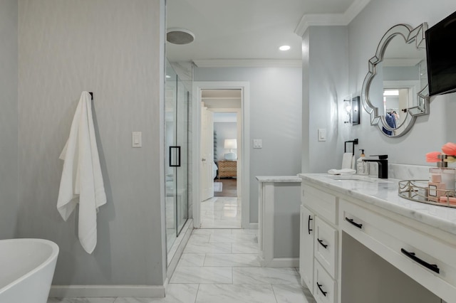 bathroom featuring vanity, ornamental molding, and plus walk in shower