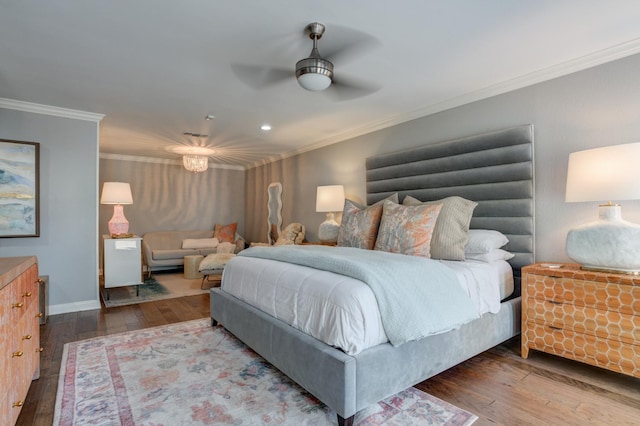 bedroom with ceiling fan, ornamental molding, and dark hardwood / wood-style floors