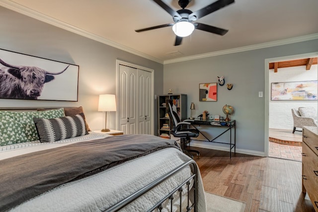 bedroom with crown molding, ceiling fan, dark hardwood / wood-style flooring, and a closet