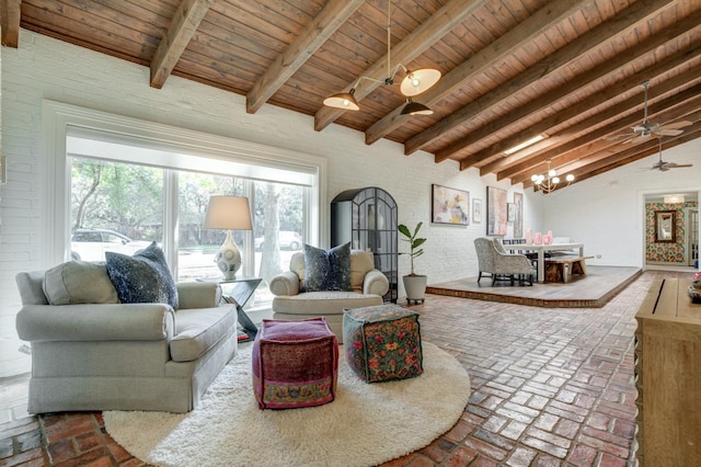 living room with beamed ceiling, brick wall, wooden ceiling, and high vaulted ceiling