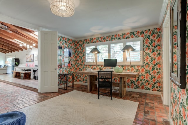 office area with an inviting chandelier and crown molding