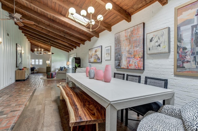 dining area featuring brick wall, high vaulted ceiling, beamed ceiling, wood-type flooring, and wooden ceiling