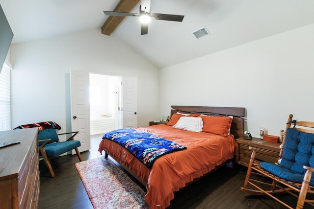 bedroom featuring lofted ceiling with beams, ceiling fan, and dark hardwood / wood-style flooring