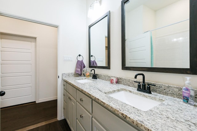 bathroom with hardwood / wood-style flooring and vanity