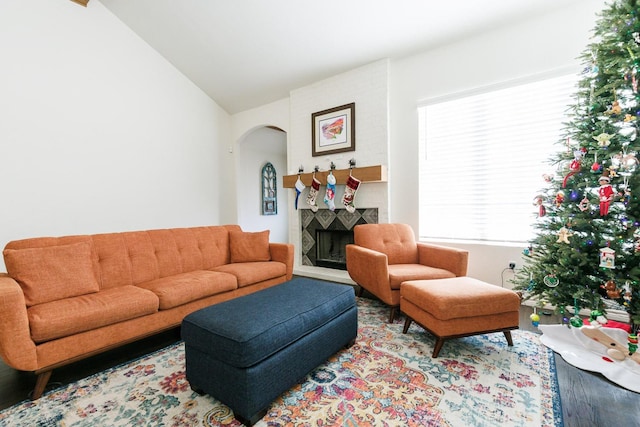 living room featuring vaulted ceiling and light hardwood / wood-style flooring