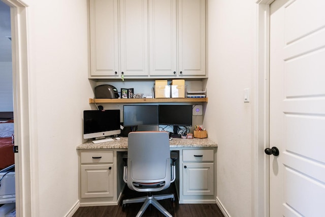 office space featuring dark wood-type flooring and built in desk