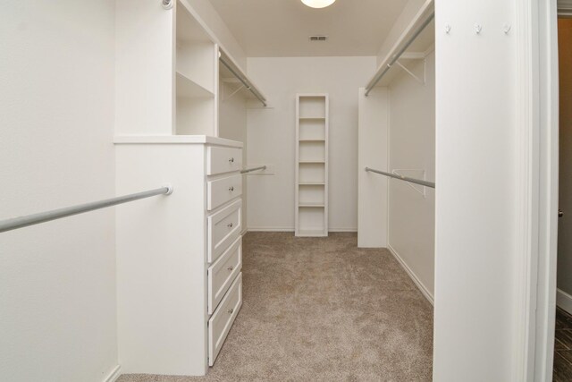 walk in closet with light colored carpet