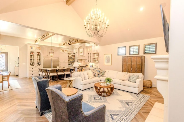 living room with beam ceiling, high vaulted ceiling, a chandelier, and light parquet floors