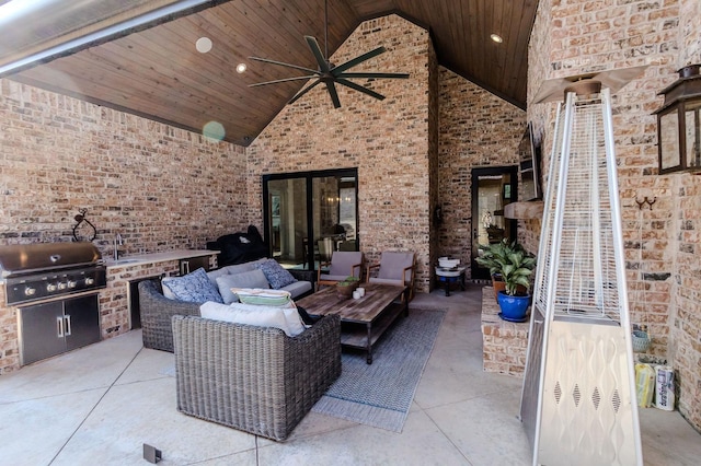 view of patio featuring sink, area for grilling, outdoor lounge area, ceiling fan, and a grill