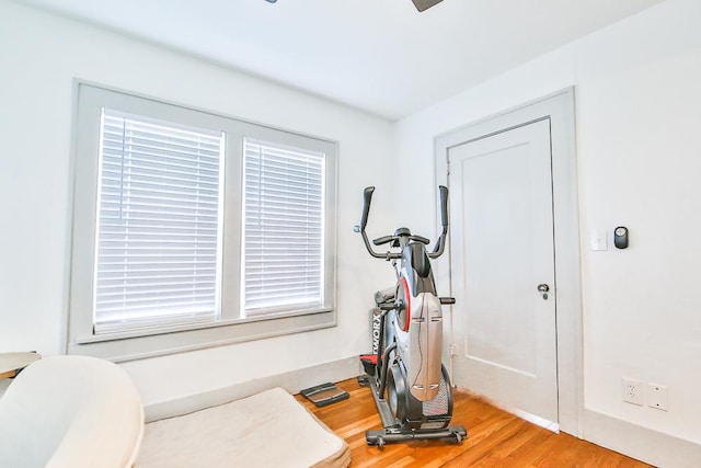 workout area with hardwood / wood-style floors