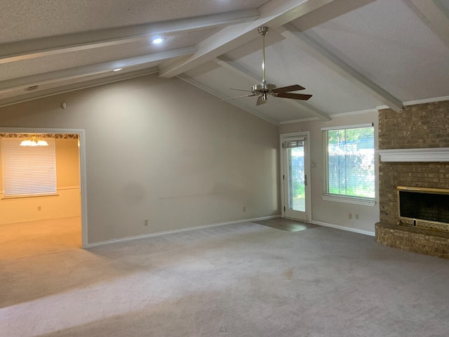 unfurnished living room with carpet flooring, a fireplace, a textured ceiling, and vaulted ceiling with beams