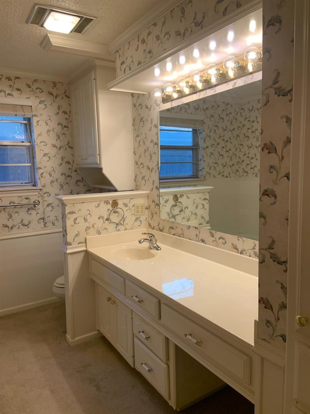 bathroom featuring ornamental molding, vanity, toilet, and a textured ceiling