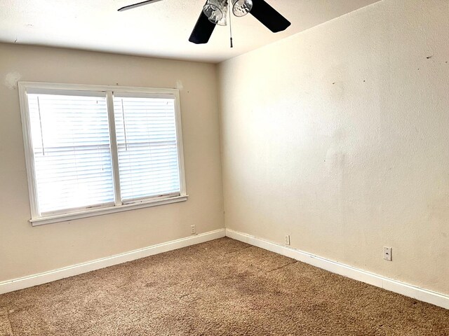 empty room featuring ceiling fan and carpet