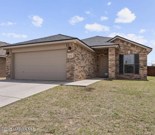 6827 38th St, Lubbock, TX 79407 - ranch-style house featuring brick siding, concrete driveway, a garage, and a shingled roof