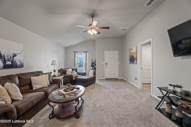 6827 38th St, Lubbock, TX 79407 - living area featuring a ceiling fan, vaulted ceiling, light colored carpet, and baseboards