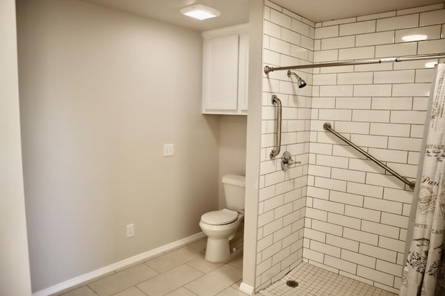 bathroom with toilet, tile patterned floors, and a shower with curtain