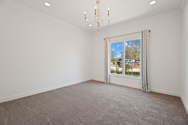 carpeted empty room featuring a notable chandelier and crown molding