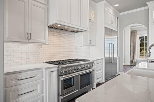 kitchen with crown molding, light stone counters, premium appliances, white cabinets, and decorative backsplash