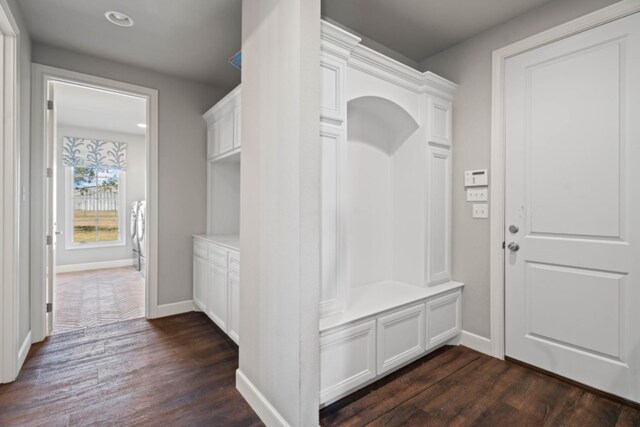 mudroom with dark hardwood / wood-style flooring