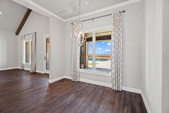 unfurnished room featuring lofted ceiling with beams, dark hardwood / wood-style floors, and a chandelier