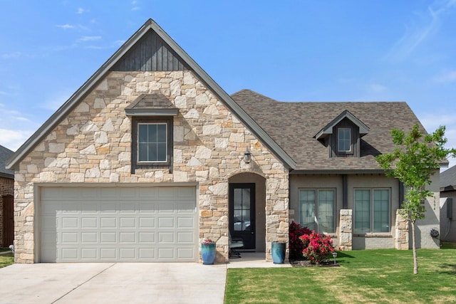 5604 117th St, Lubbock, TX 79424 - french country style house featuring stone siding, concrete driveway, a garage, and a shingled roof