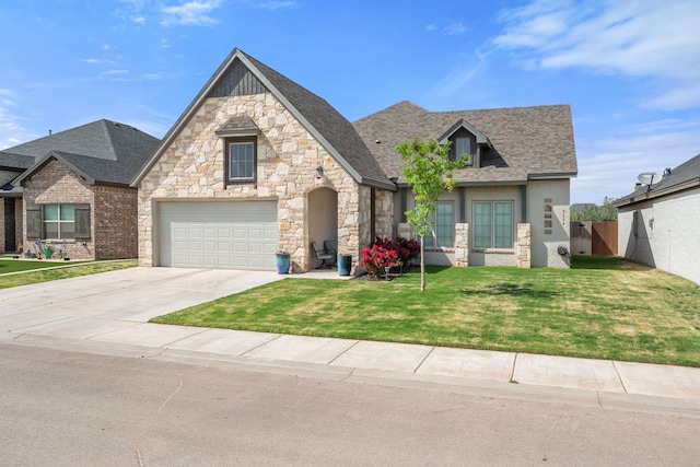 5604 117th St, Lubbock, TX 79424 - view of front of property featuring concrete driveway, stone siding, a garage, and a shingled roof