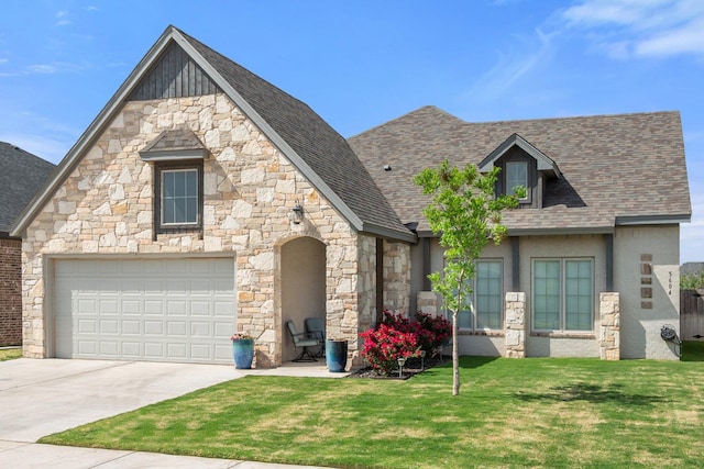 5604 117th St, Lubbock, TX 79424 - view of front of house featuring stone siding, a front yard, concrete driveway, and a shingled roof