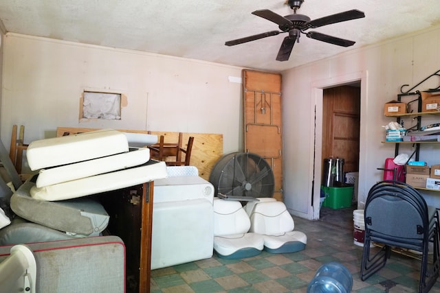 2007 25th St, Lubbock, TX 79411 - living room featuring tile patterned floors, a ceiling fan, and crown molding