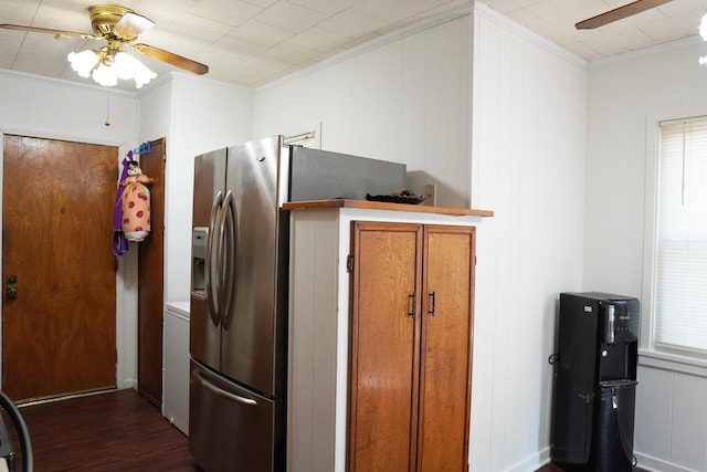 2007 25th St, Lubbock, TX 79411 - kitchen featuring ceiling fan, ornamental molding, dark wood-style floors, and brown cabinetry