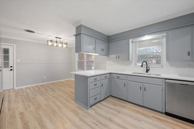 kitchen with sink, backsplash, light hardwood / wood-style floors, and dishwasher