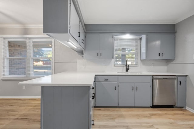 kitchen with a wealth of natural light, dishwasher, sink, and gray cabinetry