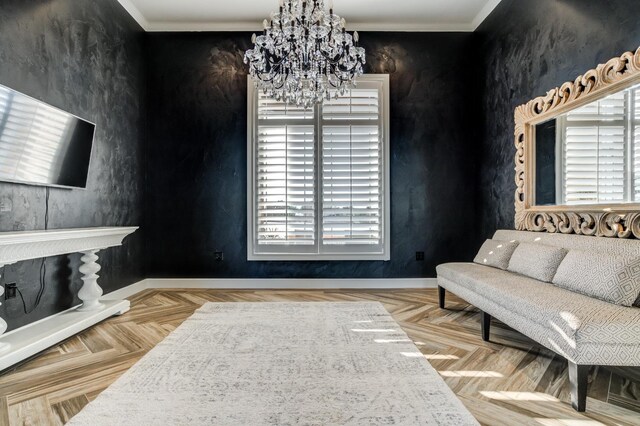 living area featuring light parquet floors and a notable chandelier